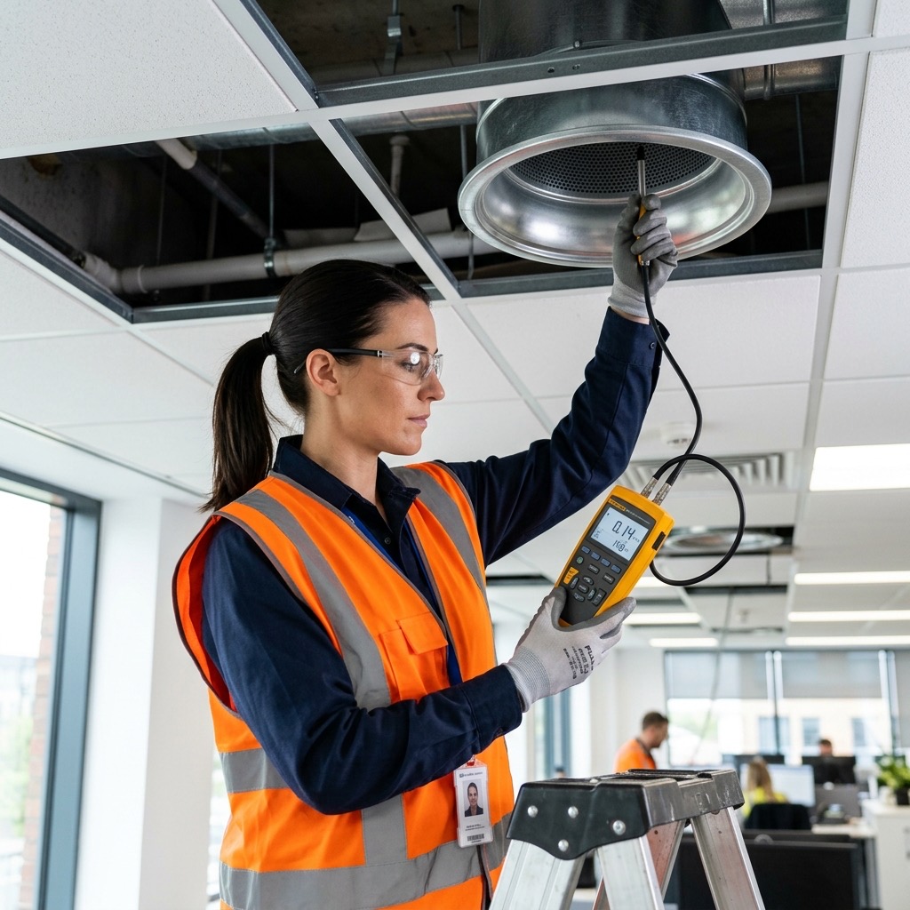 A mechanical engineer calibrating airflow using a digital manometer and hot-wire anemometer