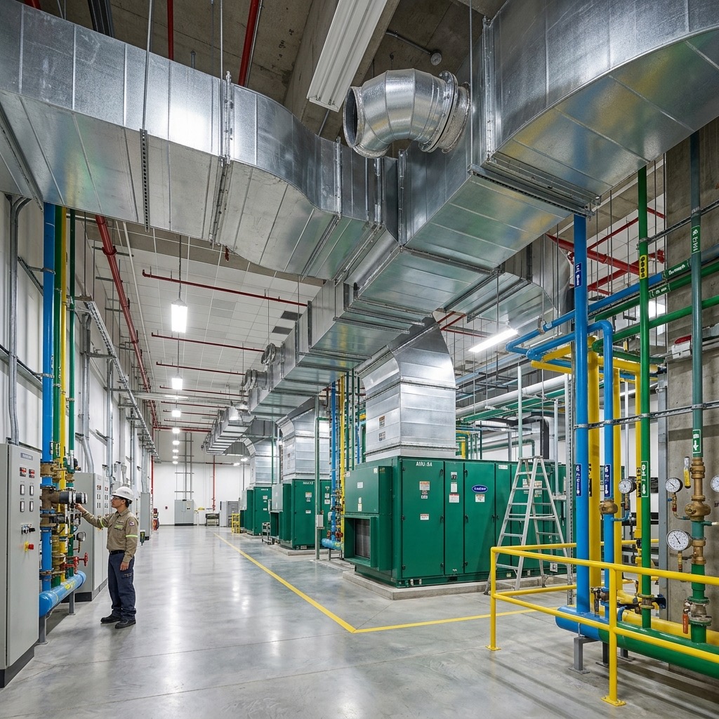 Commercial mechanical room with large air handlers and balanced metal ducts