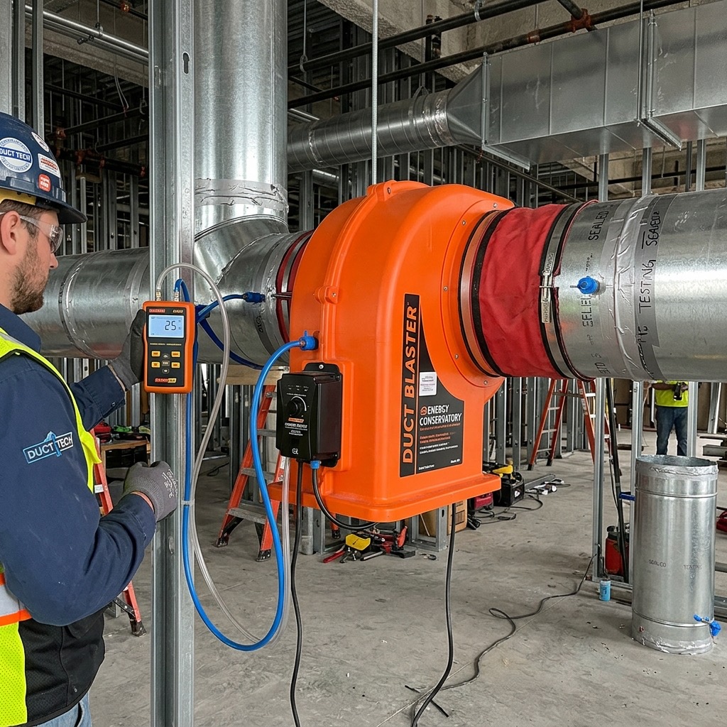 HVAC ductwork under pressure testing to identify air leakage points